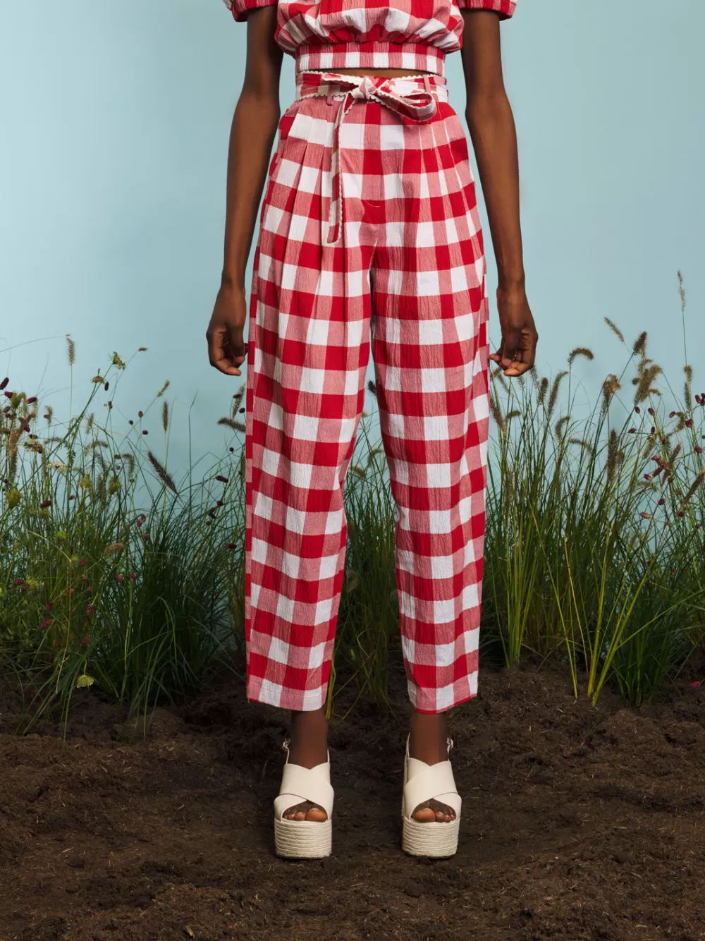 Fashion Combine Gingham Belted Trousers Women Bottoms